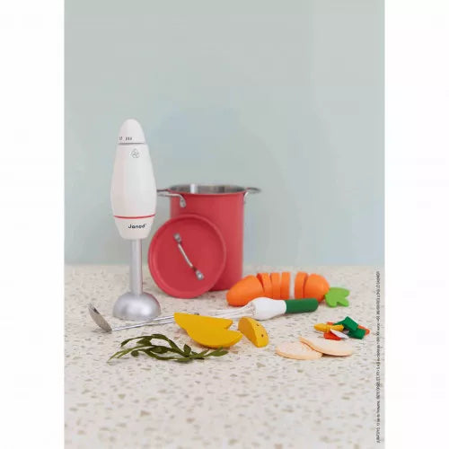 Janod wooden soup play set with red pot, immersion blender and vegetable pieces for kids