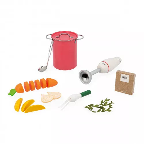 Complete Janod wooden soup play set with carrots, onions, squash and colorful pasta pieces