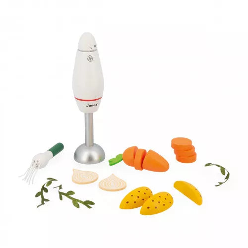 Janod wooden vegetable slices and green felt herbs arranged with red and silver blender toy