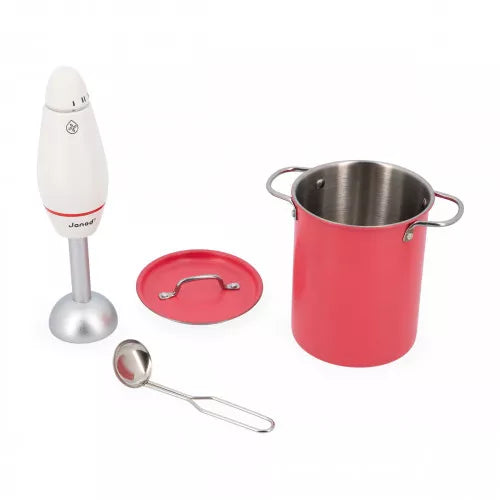 Janod red cooking pot with stainless steel interior and silver immersion blender toy set