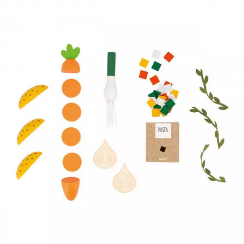 Close up of Janod wooden soup ingredients including carrot slices, pasta box and felt herbs