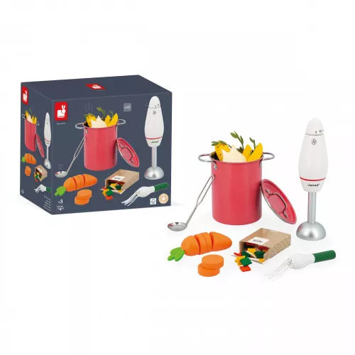 Janod wooden soup kitchen set displayed next to original product box on white background