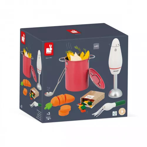 Janod wooden soup play set packaging box showing contents and age recommendation for toddlers