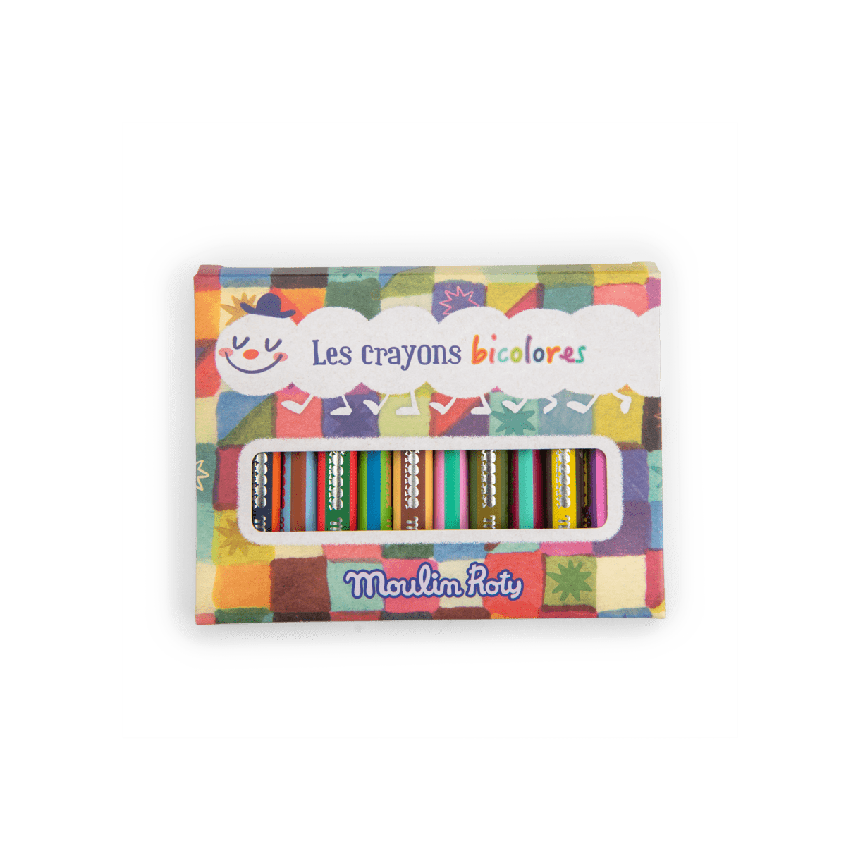 Moulin Roty bicolored crayon box with patchwork design and window