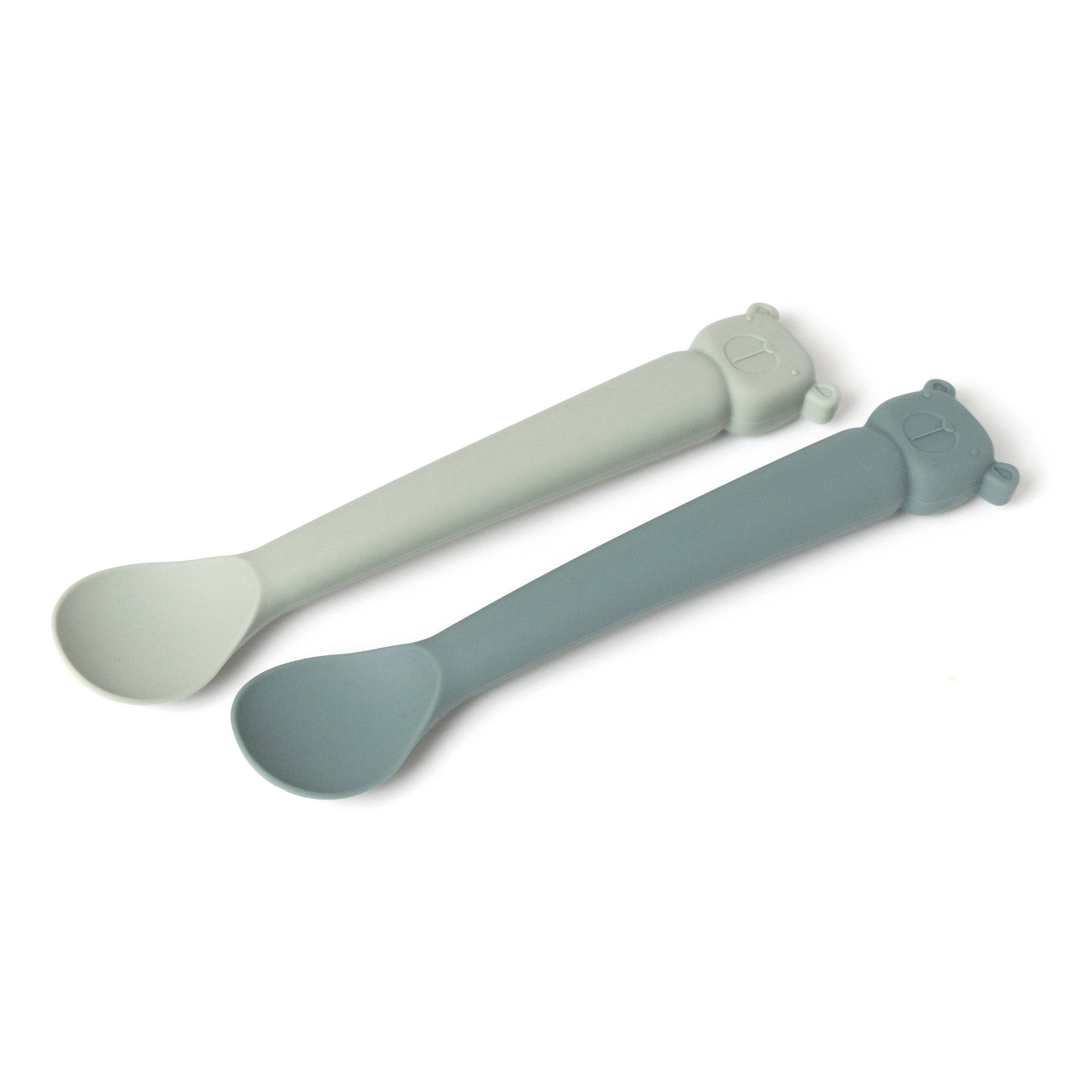 Mint and teal Lili l'Ours silicone baby spoons with wide bowls