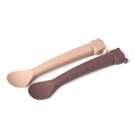 Beige and dark brown Lili l'Ours silicone baby spoons with bear faces