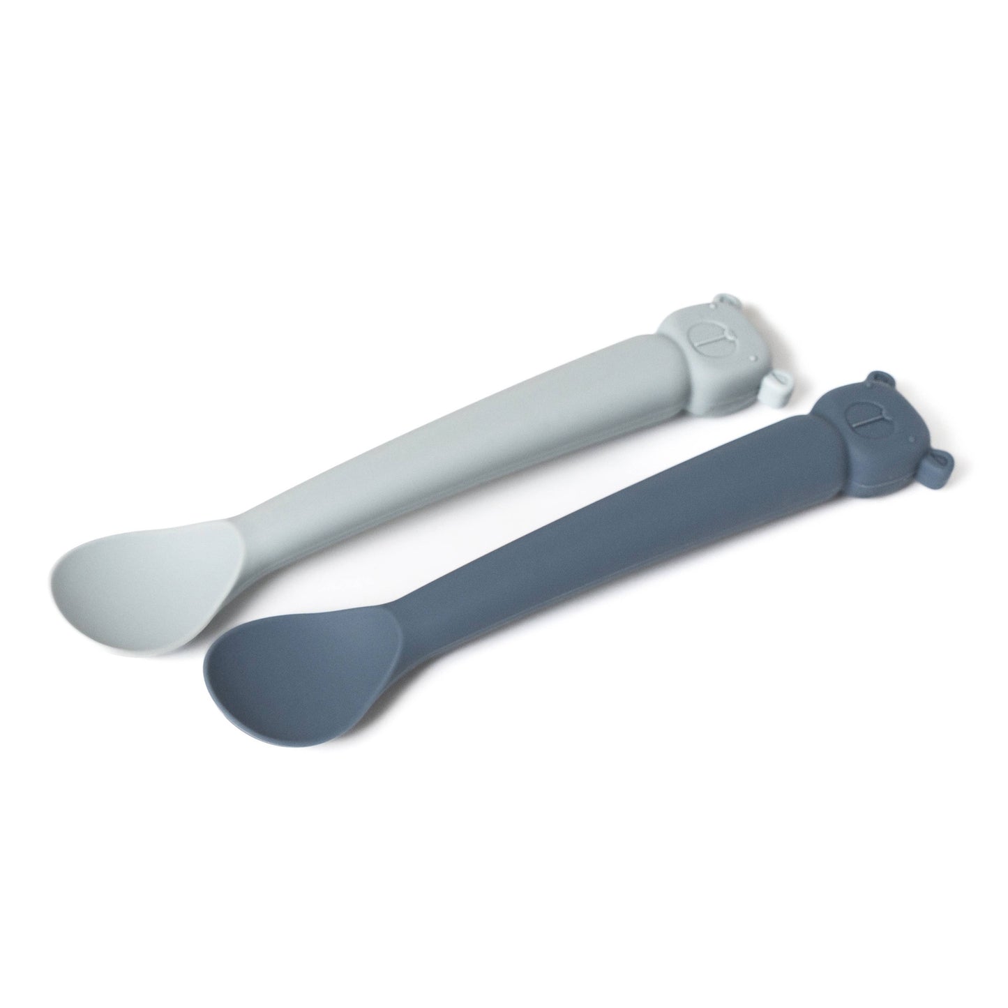 Light gray and slate gray Lili l'Ours silicone baby spoons matte finish