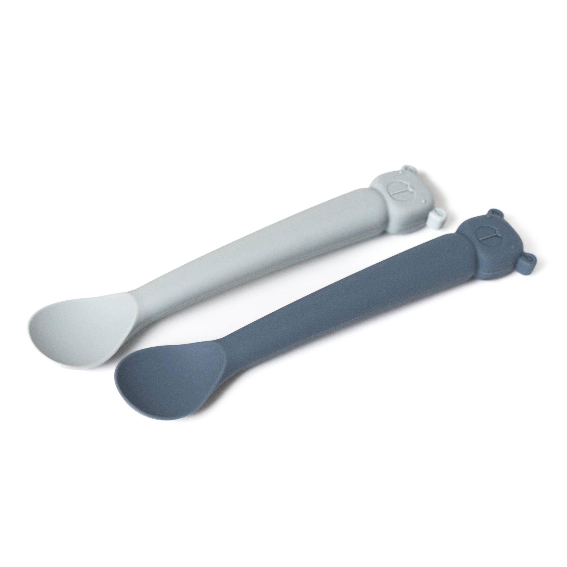 Light gray and slate gray Lili l'Ours silicone baby spoons matte finish