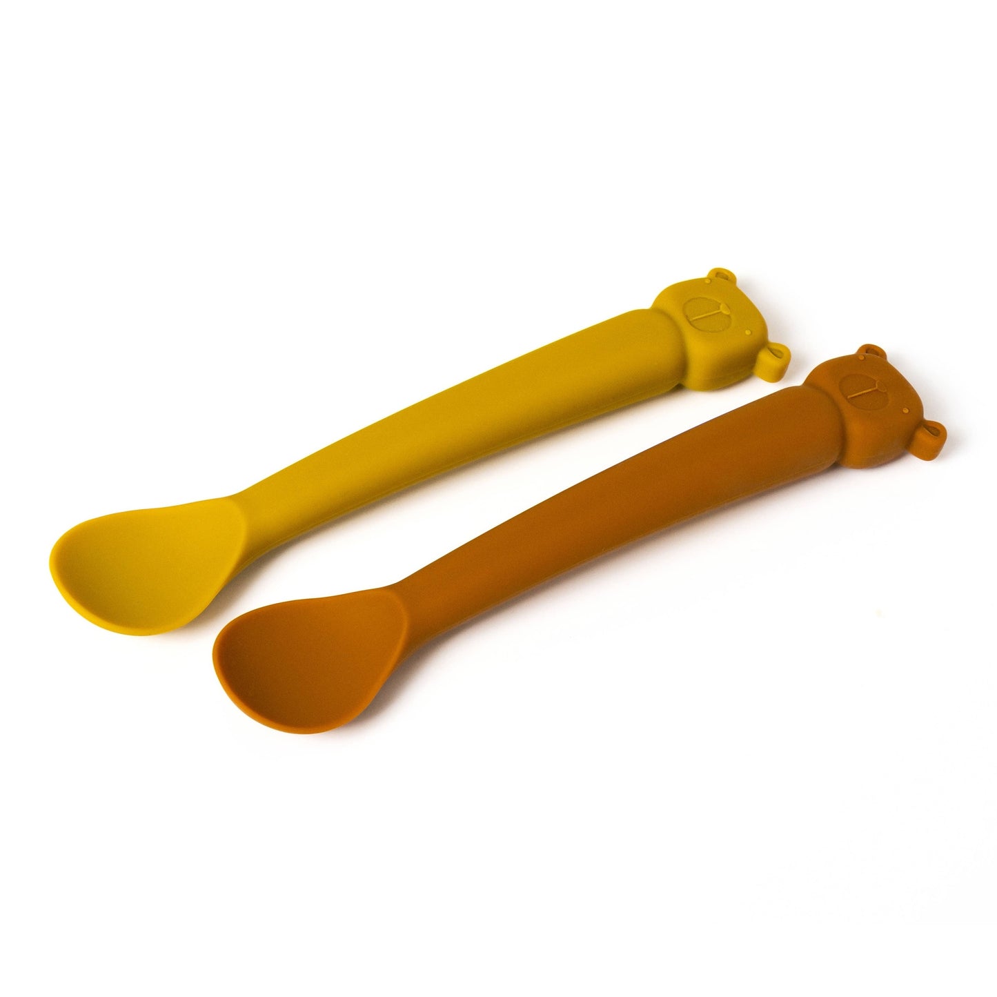 Mustard yellow and burnt orange Lili l'Ours silicone baby spoons