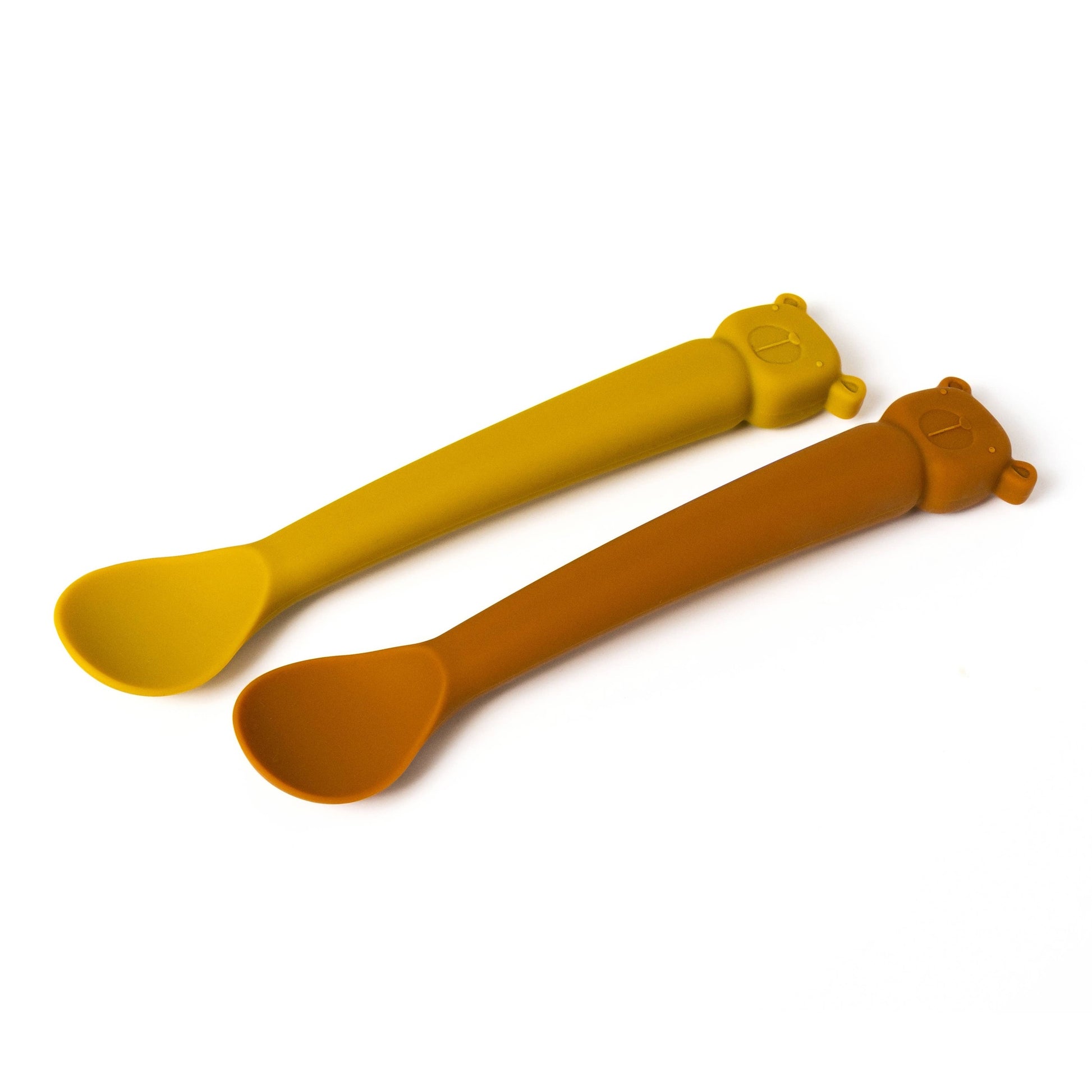 Mustard yellow and burnt orange Lili l'Ours silicone baby spoons