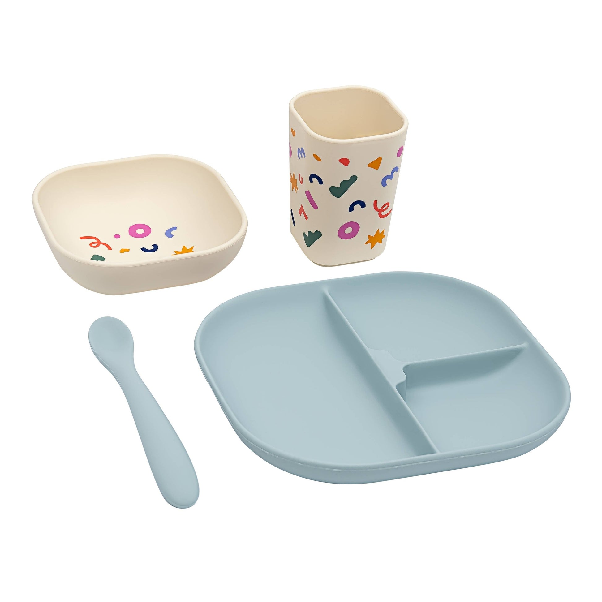 Light blue silicone divided plate and matching dinnerware set flat lay