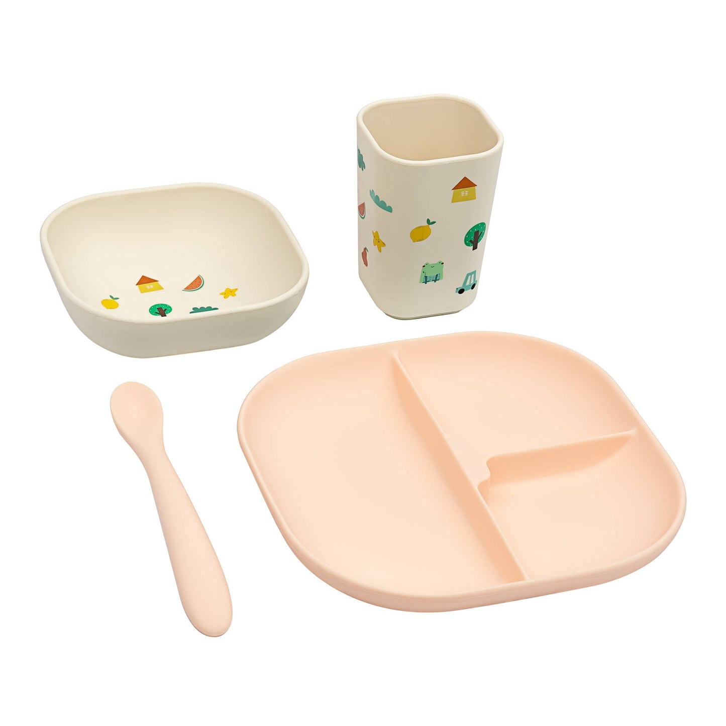 Peach silicone divided plate set with beige bowl and cup featuring icons