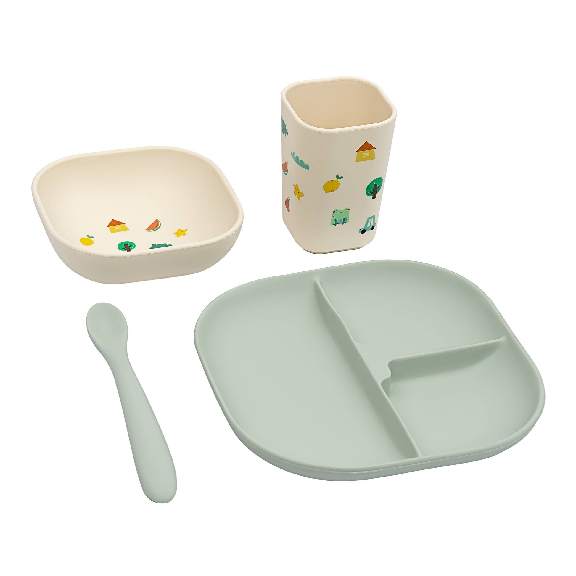 Green silicone divided plate set with frog car icons on white background