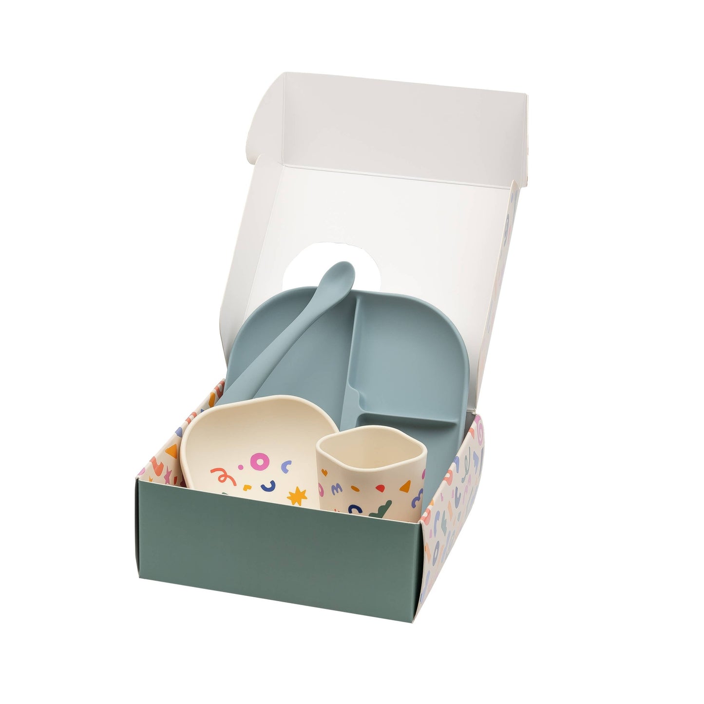 Blue silicone divided plate set with bowl cup and spoon in gift box