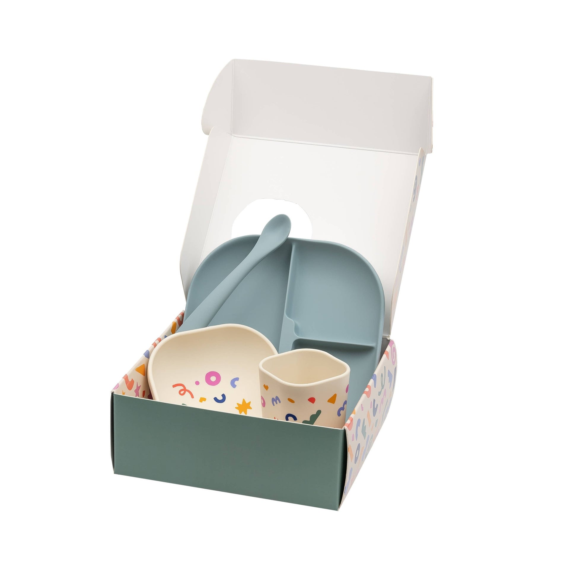 Blue silicone divided plate set with bowl cup and spoon in gift box