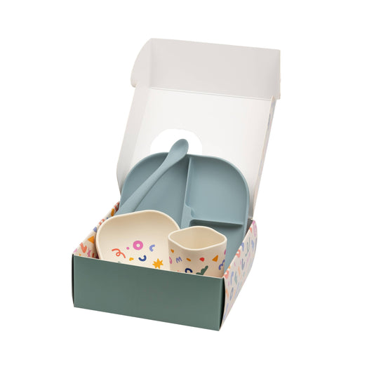 Blue silicone divided plate set with bowl cup and spoon in gift box