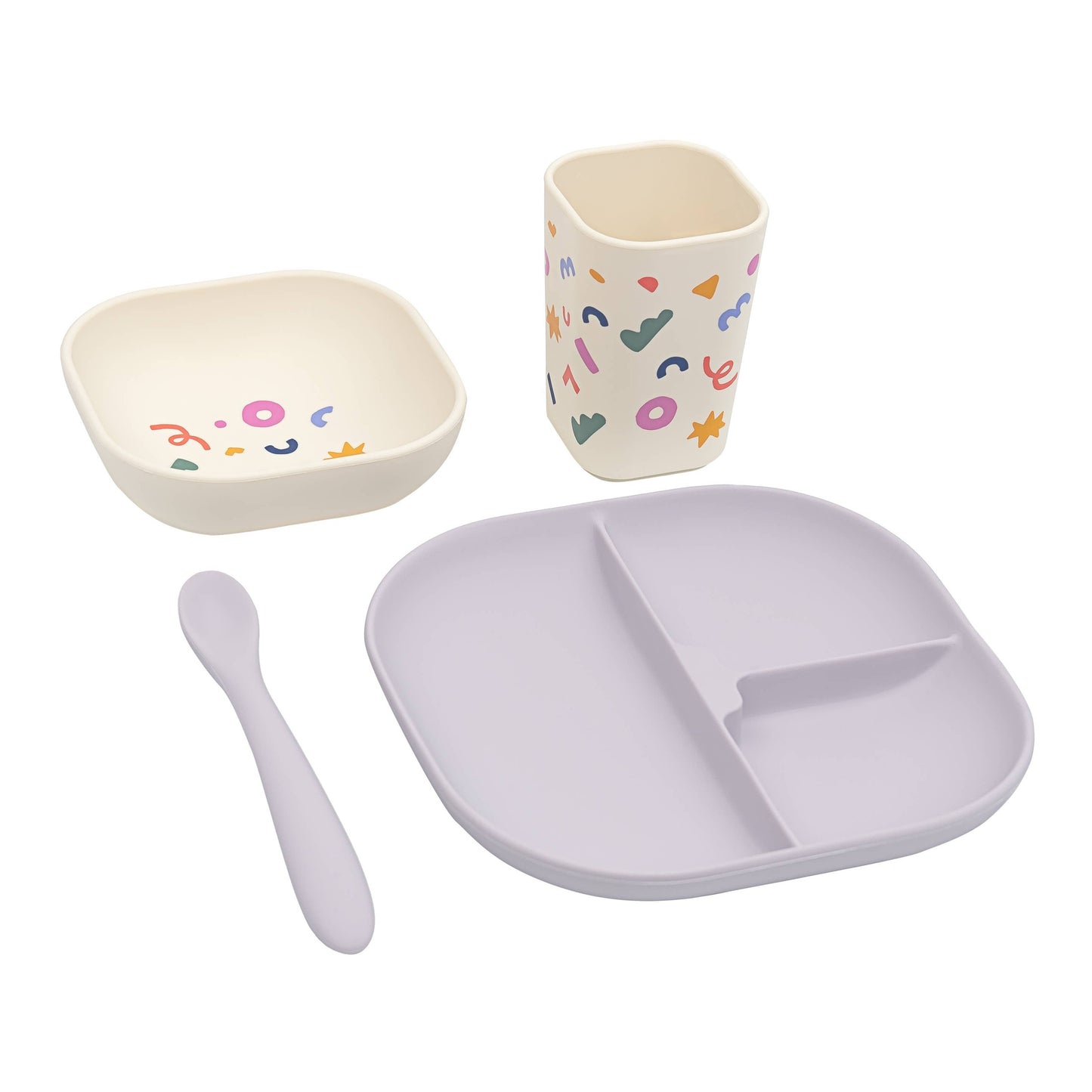 Lavender silicone divided plate set with cream patterned bowl and cup