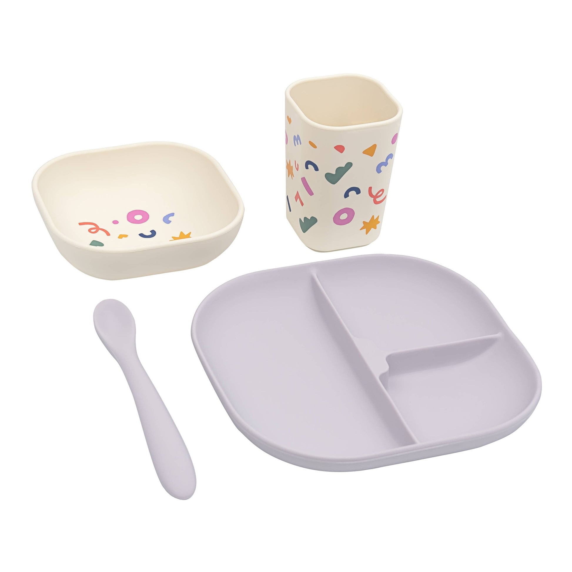 Lavender silicone divided plate set with cream patterned bowl and cup