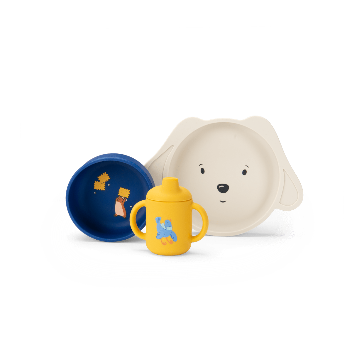 Complete Moulin Roty silicone tableware set including bear plate, blue bowl, and yellow cup