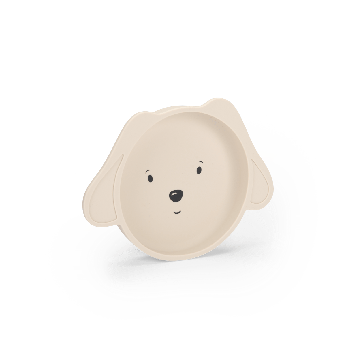Beige bear-shaped silicone plate with ear handles for toddlers