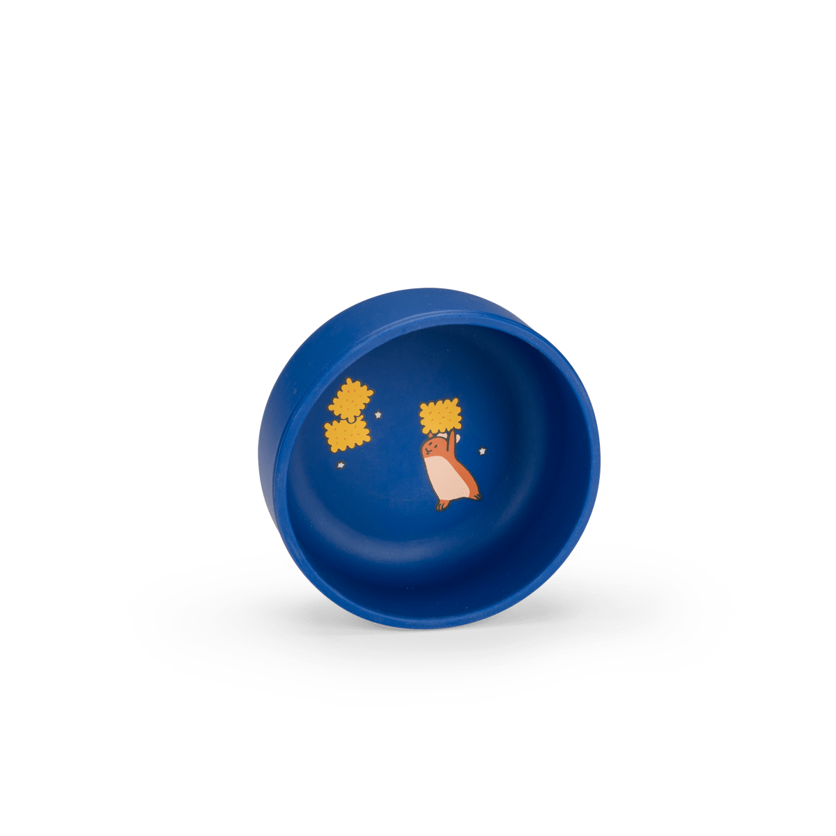 Blue silicone bowl interior with mole holding flower illustration