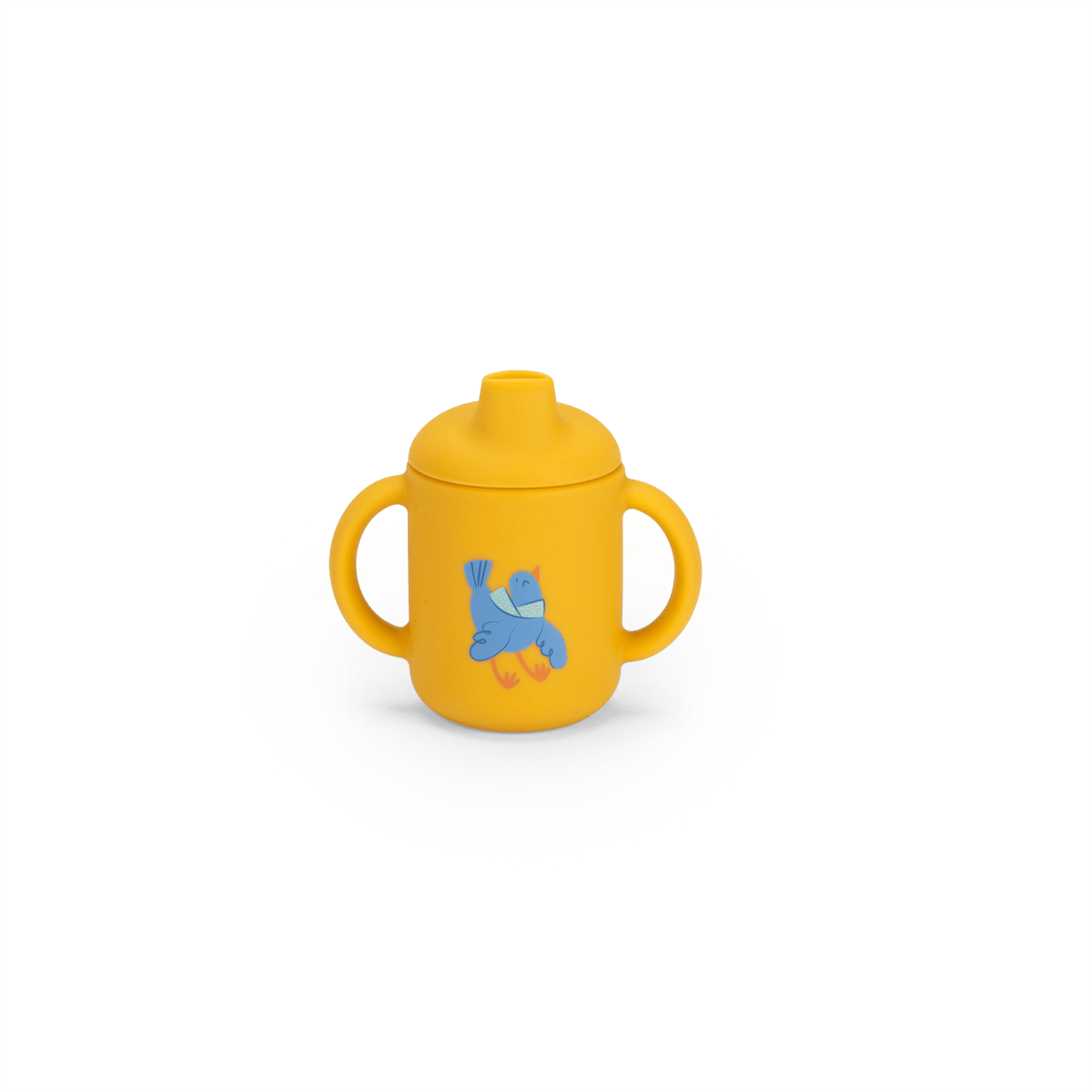 Yellow silicone sippy cup with blue bird illustration and side handles