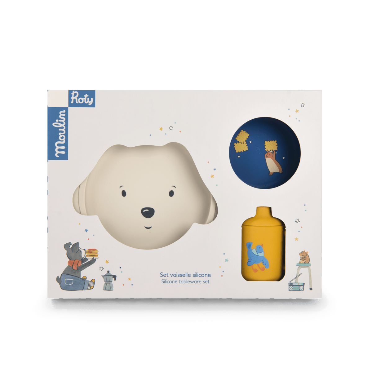 Moulin Roty Puce & Pilou silicone tableware set packaging with bear plate and blue bowl