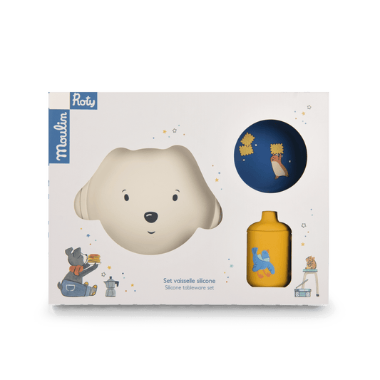 Moulin Roty Puce & Pilou silicone tableware set packaging with bear plate and blue bowl