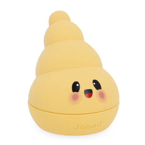 Assembled yellow Janod Bullix bubble blower with embossed logo