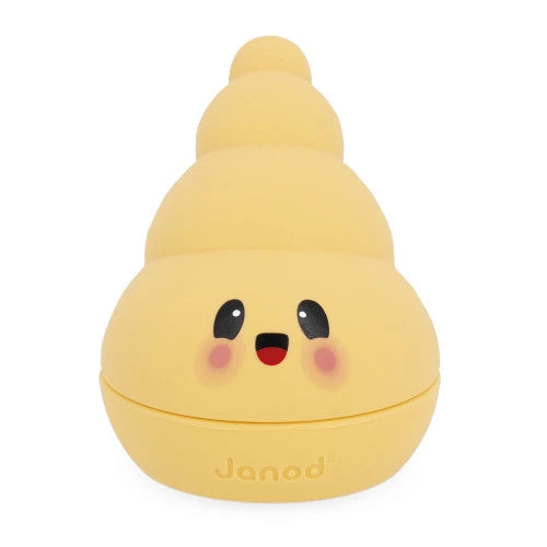 Yellow Janod Bullix bath bubble blower toy with cartoon face