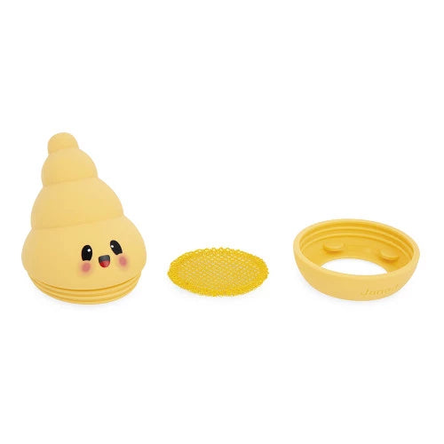 Disassembled yellow bubble blower showing absorbent disc and base