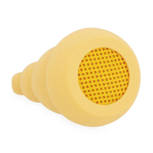 Close-up of perforated mesh insert on yellow silicone bubble blower