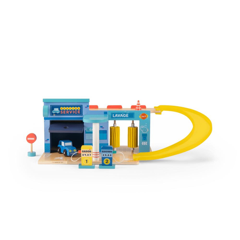 Complete wooden toy service station set with garage, car wash, and fuel pumps
