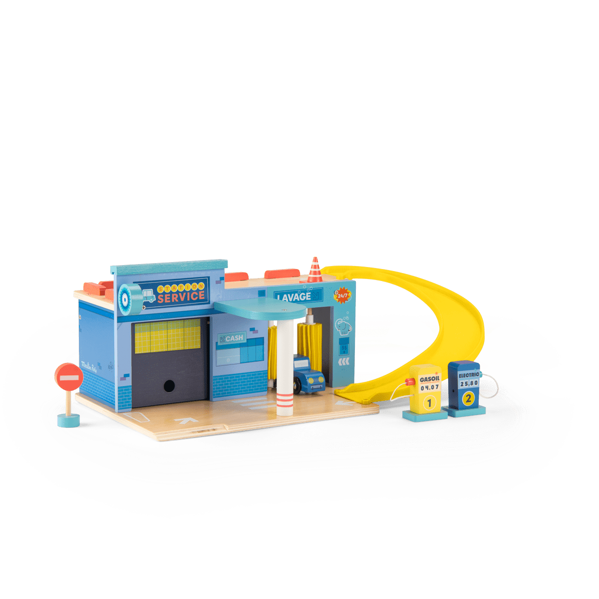 Side profile of wooden toy service station showing car wash tunnel and slide