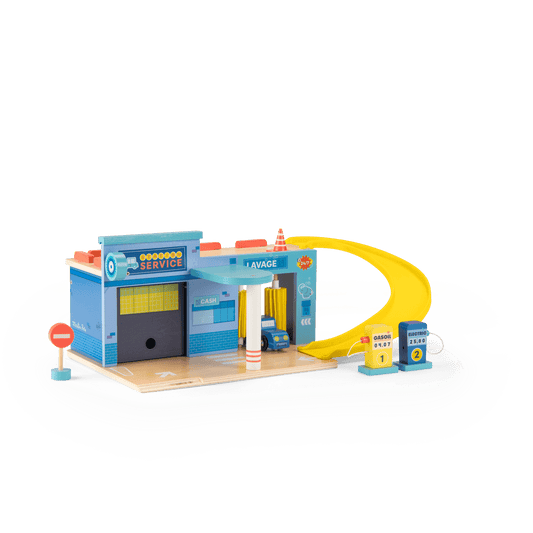 Side profile of wooden toy service station showing car wash tunnel and slide