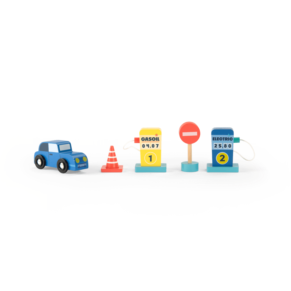 Wooden toy gas pump and accessories for Moulin Roty service station playset