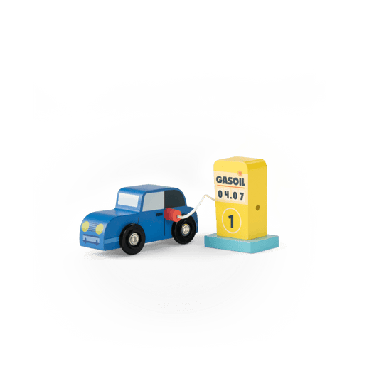 Yellow wooden gas pump connected to blue toy car with cord and nozzle
