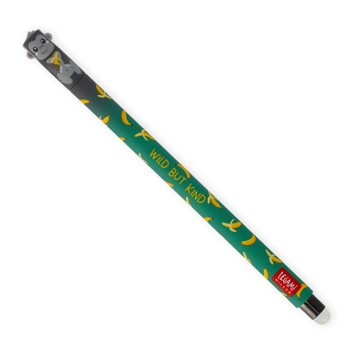 Green Wild but Kind gel pen with yellow banana print and gorilla topper