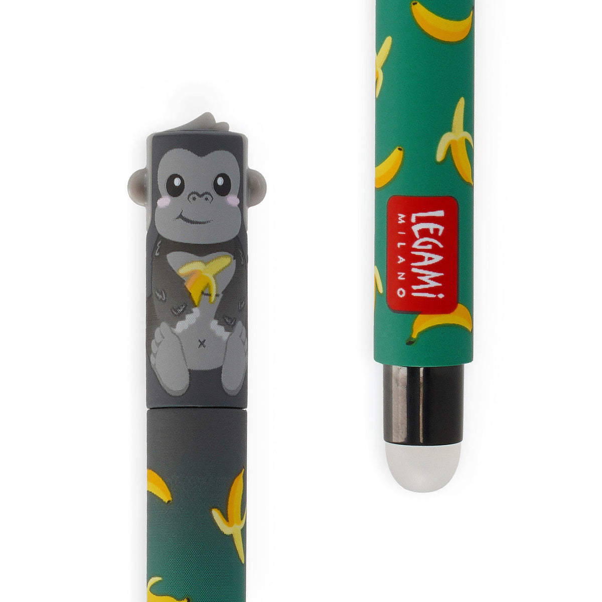 Close-up of Legami Gorilla pen grey silicone cap and green barrel