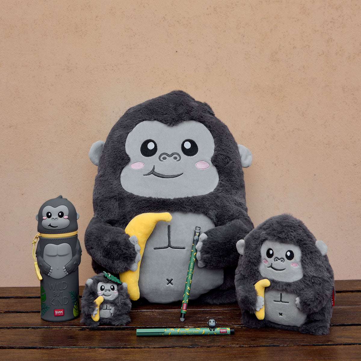 Wild but Kind gorilla plush, pencil case, and banana gel pen set