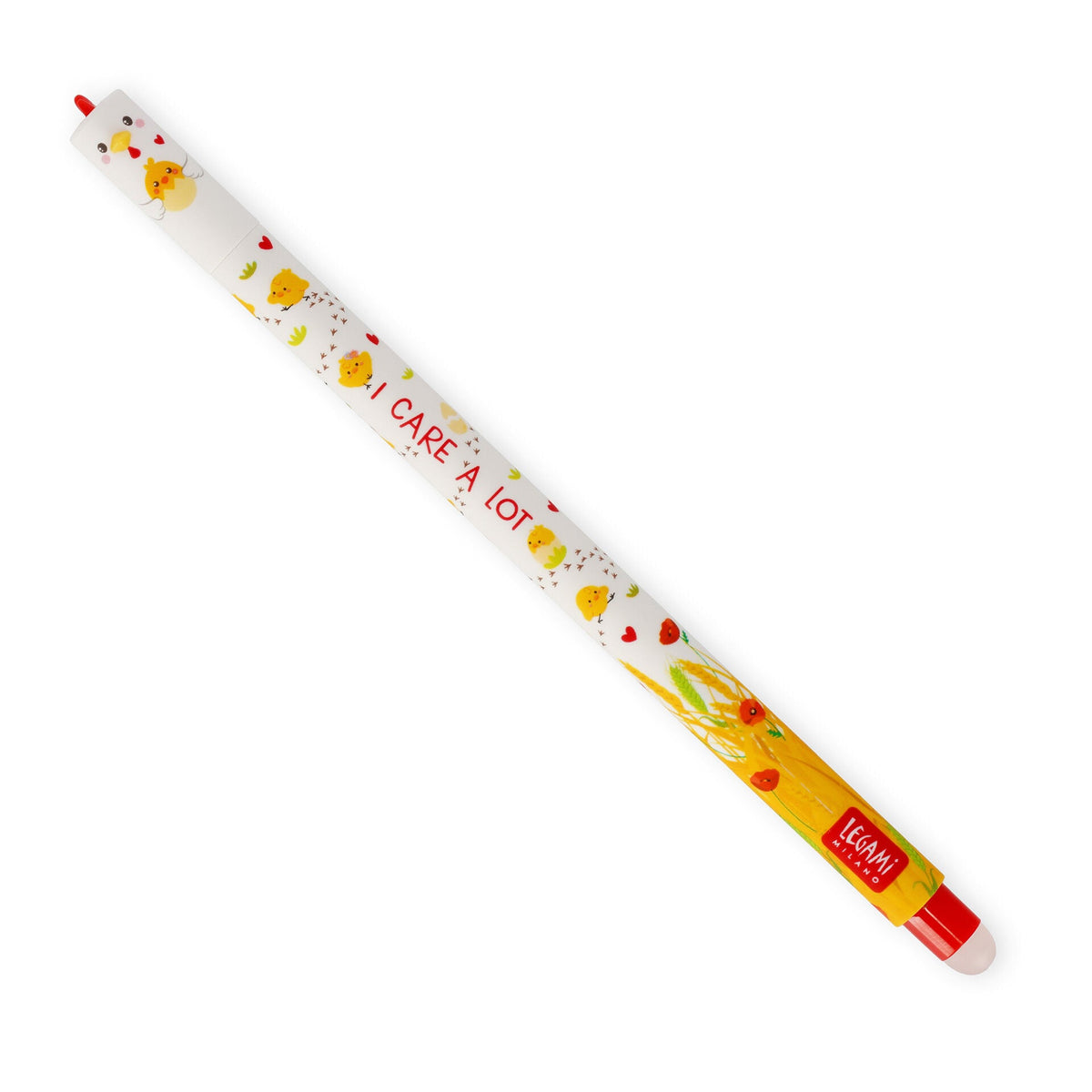 Legami Stylo Effaçable Hen 'I Care a Lot' gel pen with eraser and red thermosensitive ink