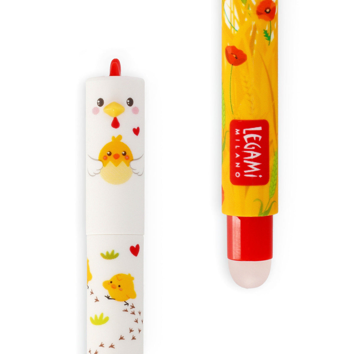 Close-up of Legami hen pen cap illustration and translucent eraser tip detail