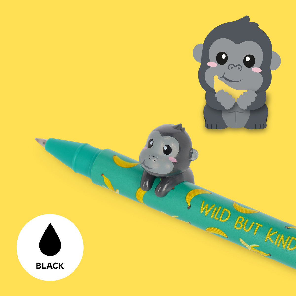 Legami Gorilla Gel Pen with Interchangeable Figurine and Banana Pattern