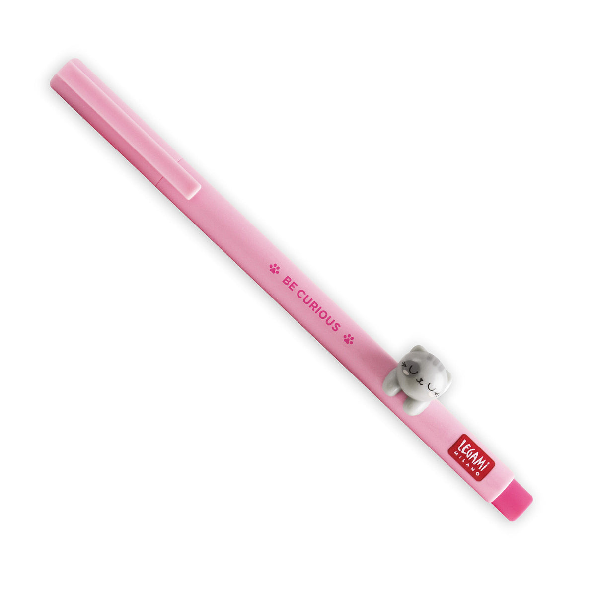 Legami Be Curious pink gel pen with grey cat figurine and 0.5mm tip