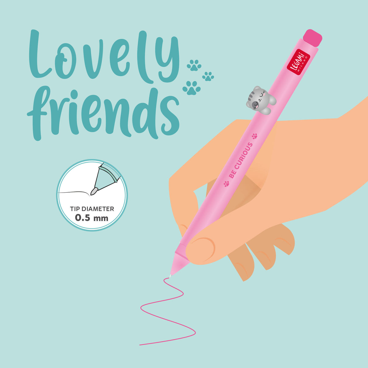 Hand holding Legami pink gel pen showing 0.5mm fine point and cat charm