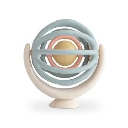 La Mushie Suction Spinner Ball with blue-grey rings and cream base