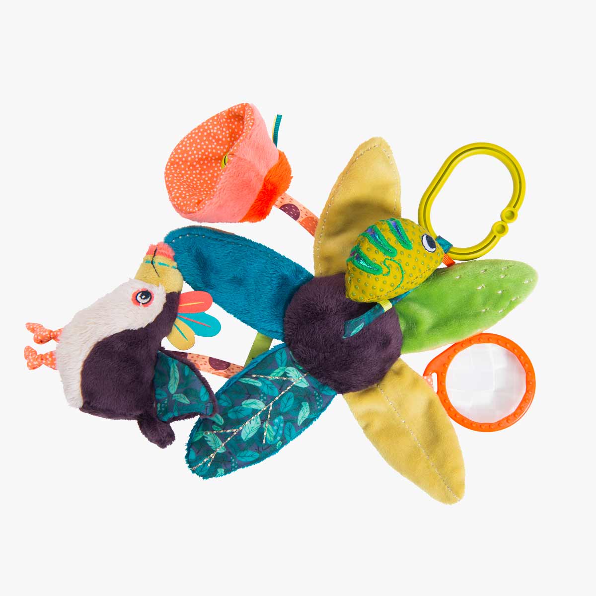 Full spread of La Mare aux Grenouilles plush activity toy with clip and animals