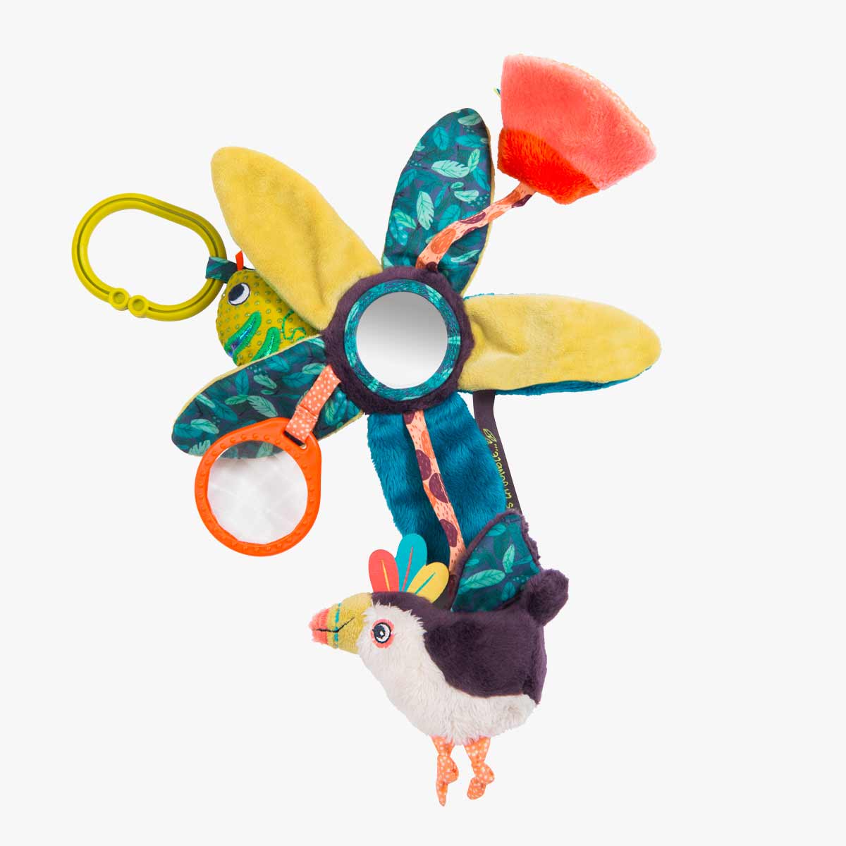 Moulin Roty Nénuphars activity toy with mirror, toucan, and chameleon plush for baby