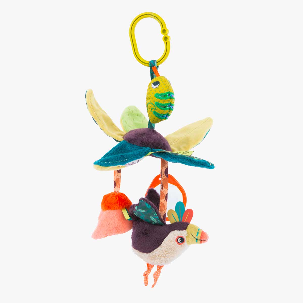 Hanging baby activity center with colorful flower petals and attached animal figures