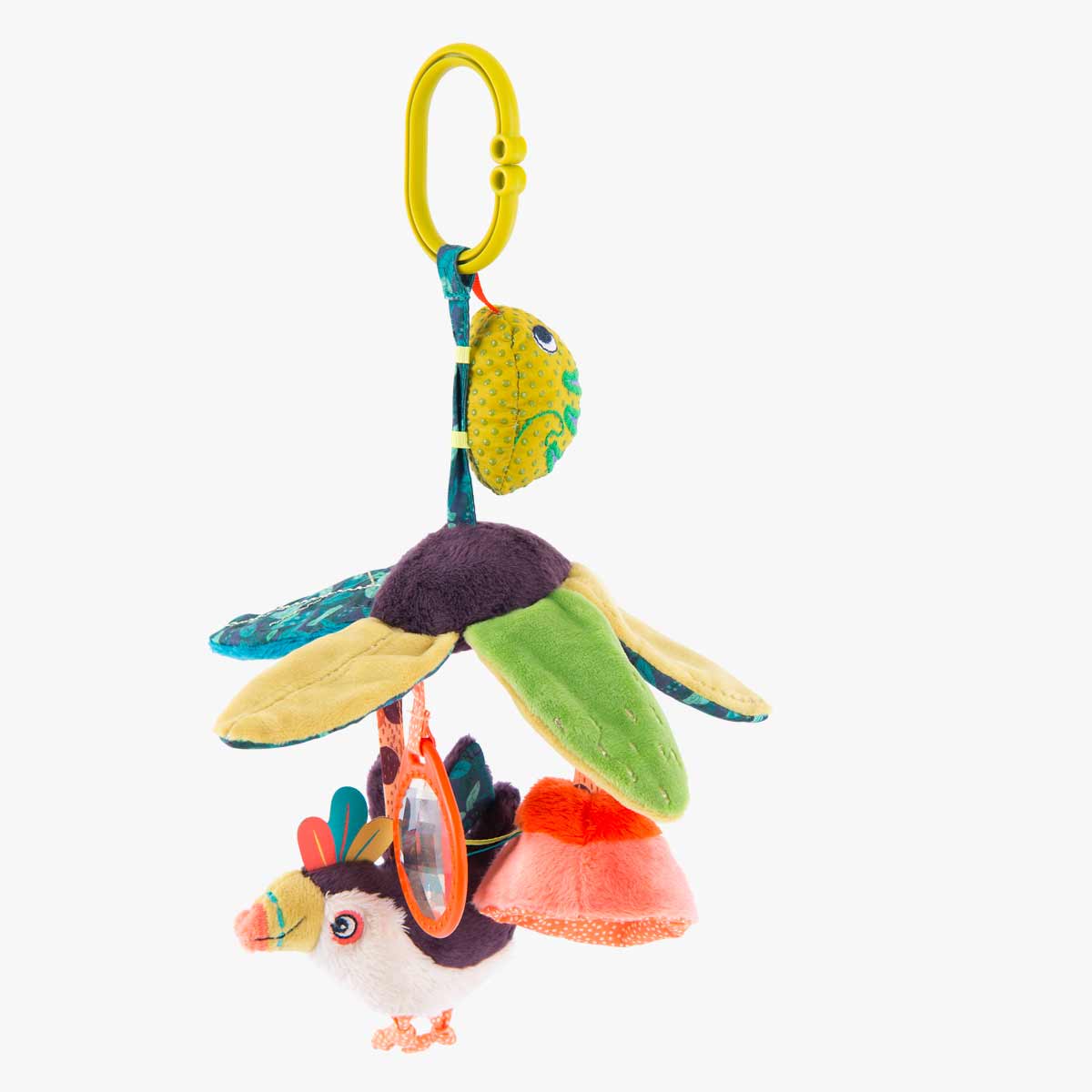 Vertical shot of Moulin Roty hanging toy with green frog and toucan figure